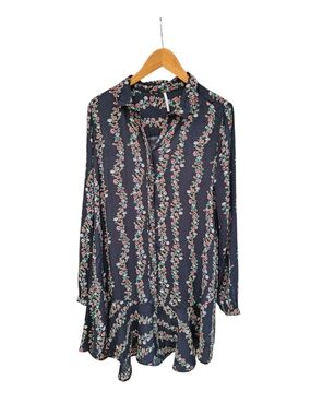 Free People Dark Romance  Black Floral Stripe Shirt Dress Size M